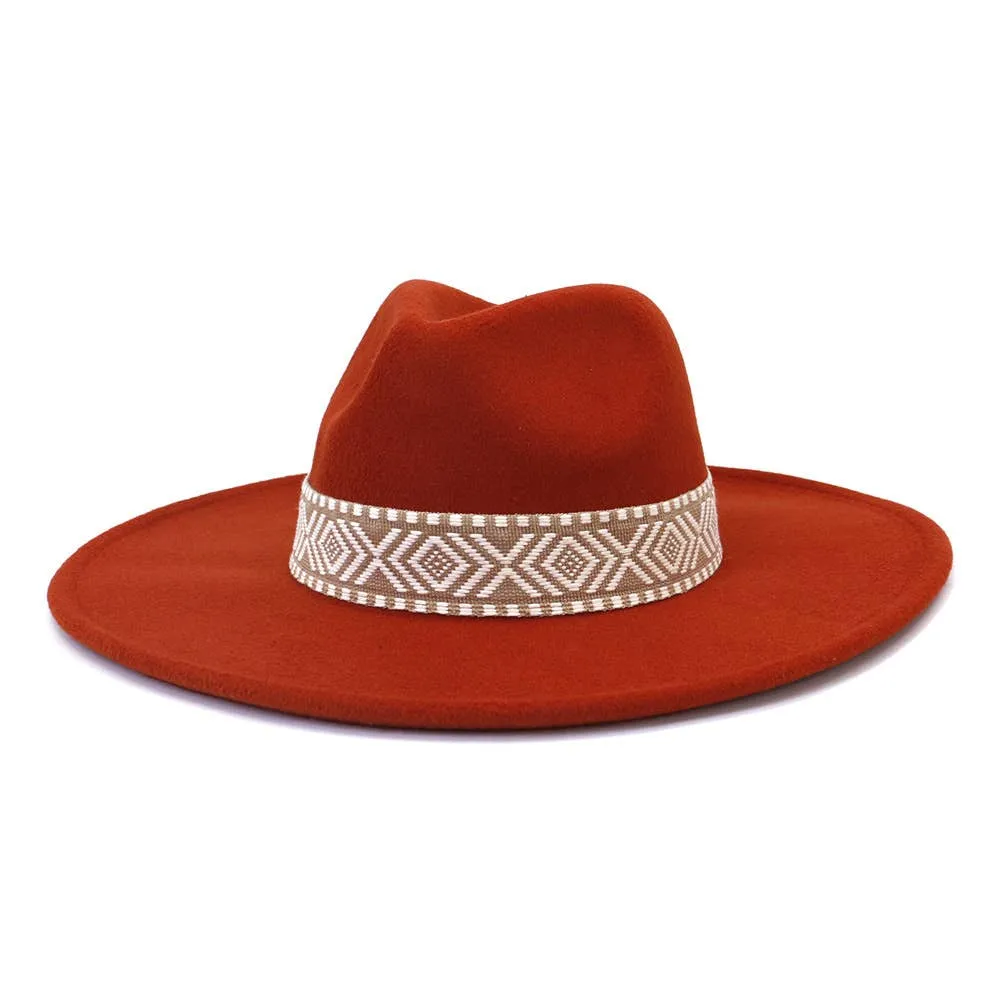 Big Brim Peach Heart Top Aztec Pattern Belt Jazz Hat
