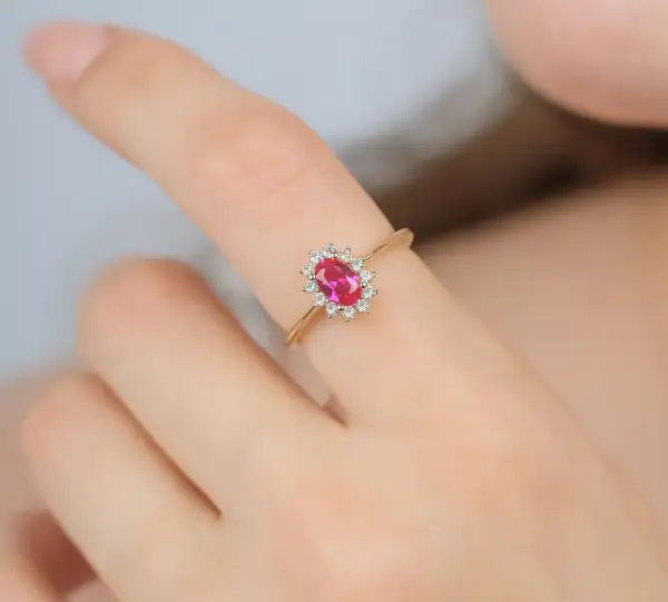 Solid Gold Oval Ruby Ring With Cubic Zirconia