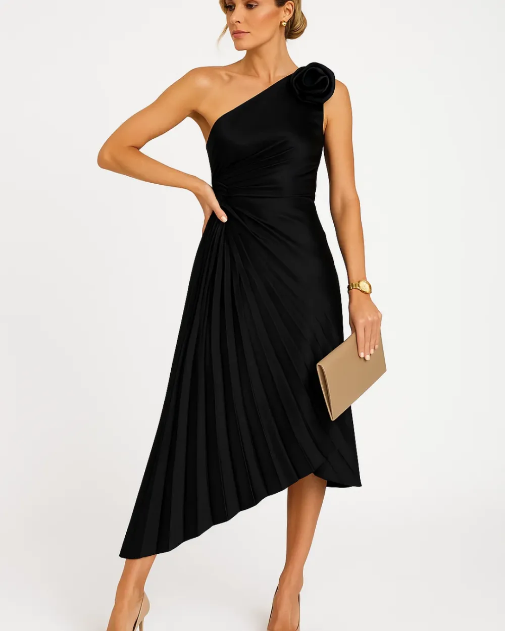 One Shoulder Pleated Midi Dress