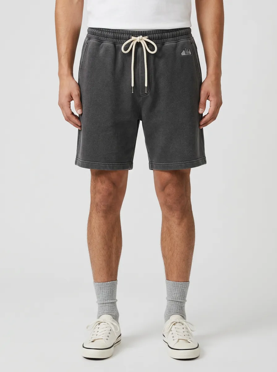 Men's Casual City Skyline Embroidered Washed Cotton Shorts