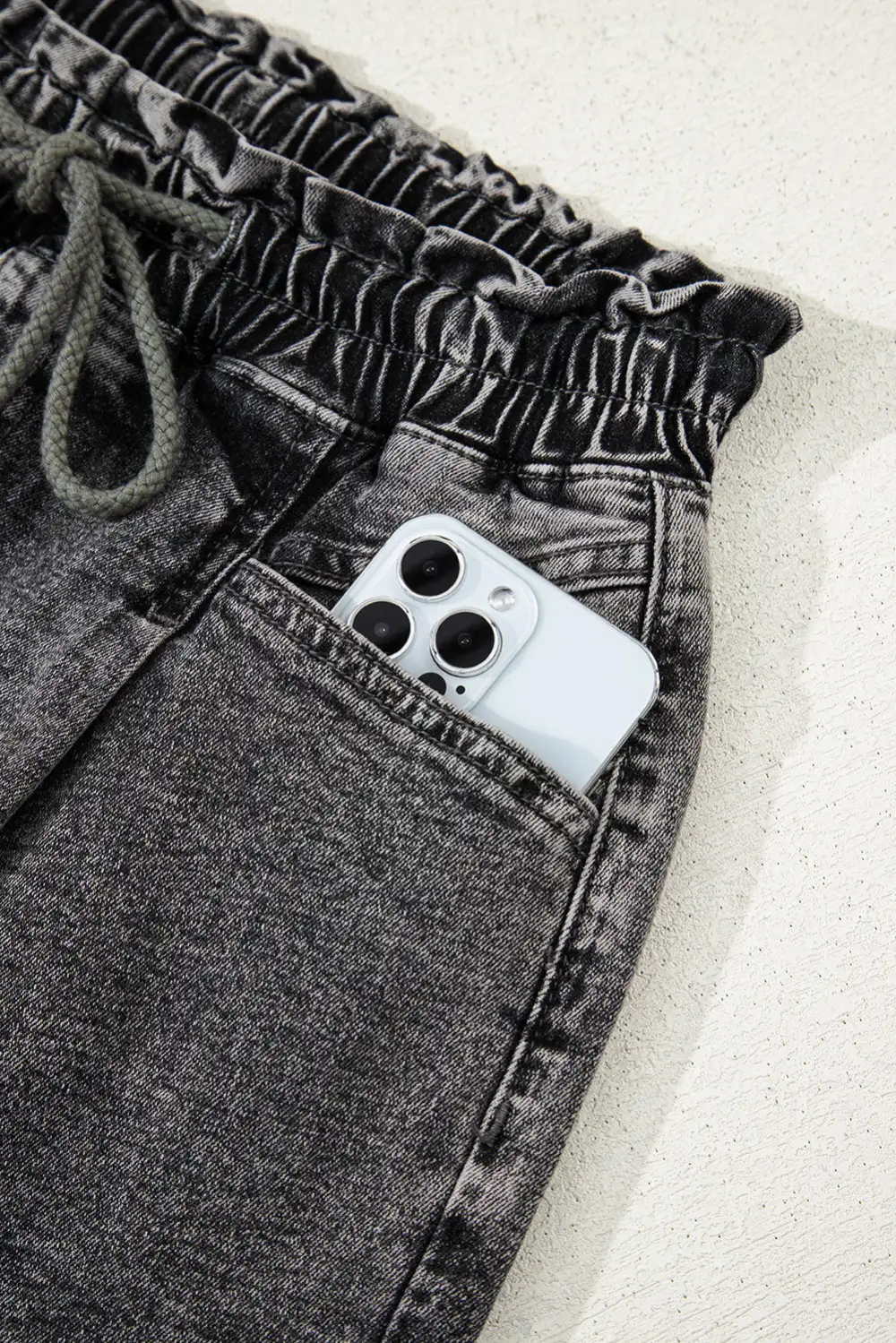 Black Drawstring High Waist Casual Denim