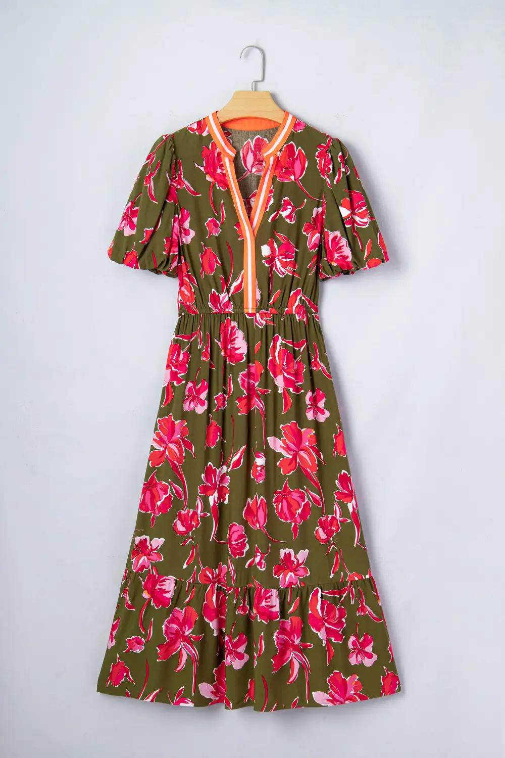 Floral Print Striped Trim Split Neck Short Puff Sleeve