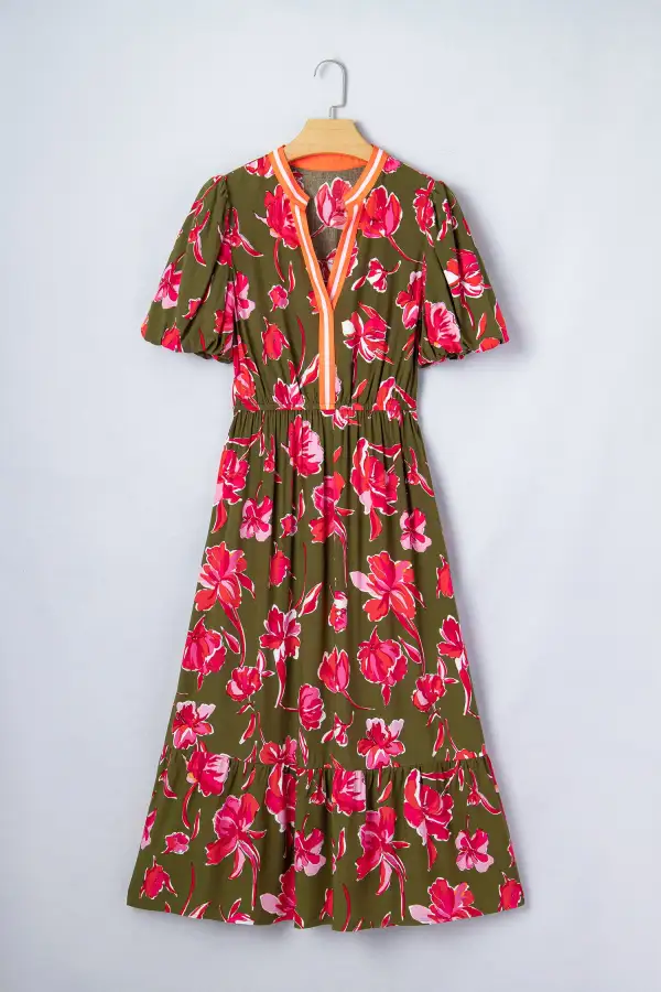 Floral Print Striped Trim Split Neck Short Puff Sleeve