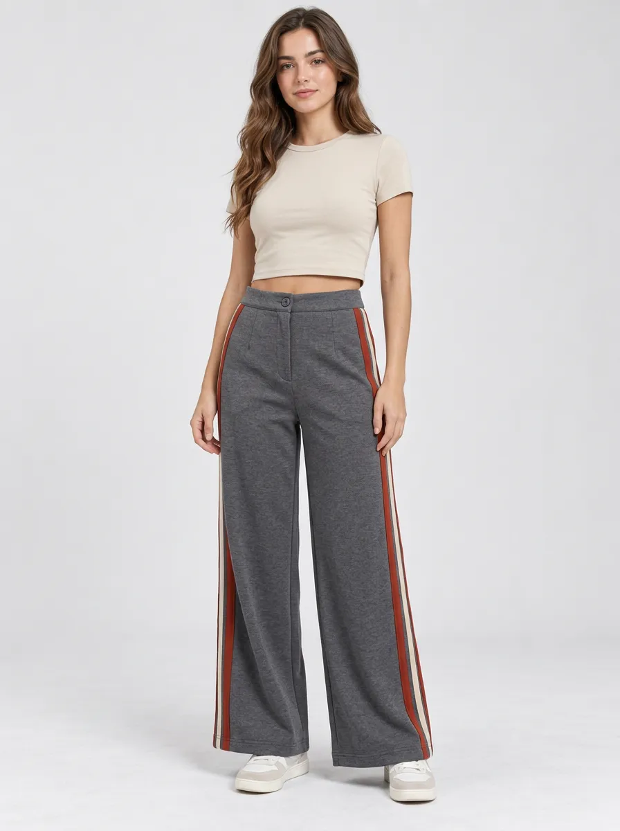 Women's High-Rise Darted Side-Stripe Wide-Leg Trousers