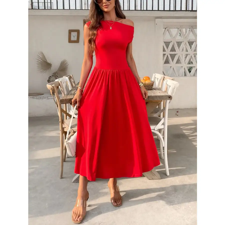 Single Shoulder Midi Dress with Pockets