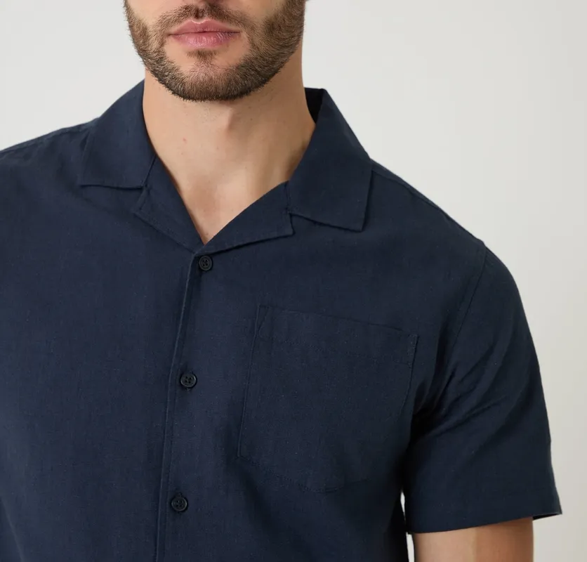 Navy Linen-Cotton Blend Short-Sleeve Shirt