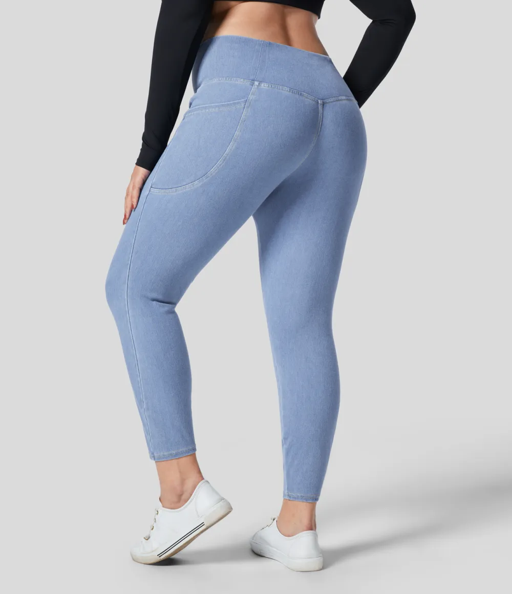 Magic Crossover Side Pocket Washed Stretchy Knit Denim Work Plus Size Leggings