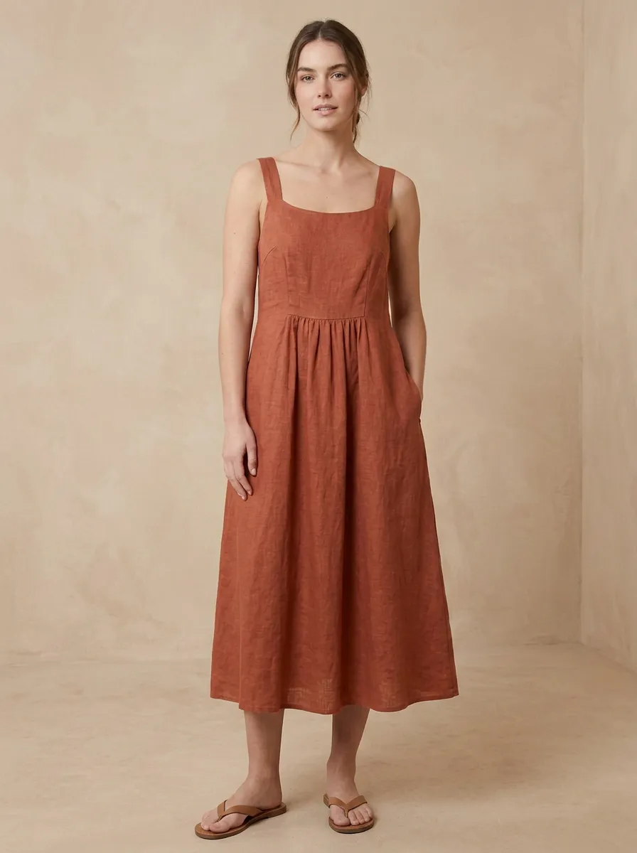 Women's Sunlit Casual Linen Midi Backless Dress
