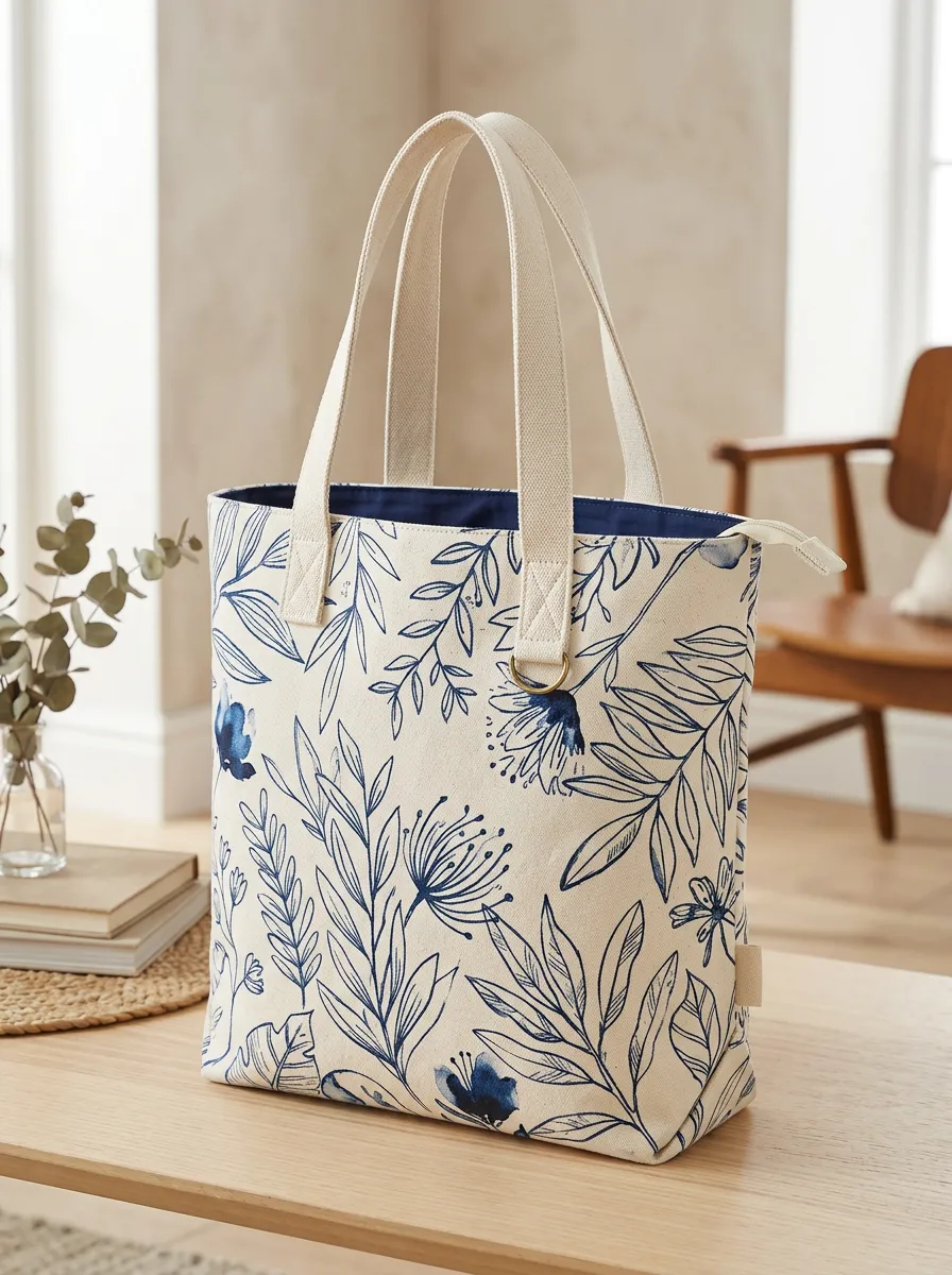 Women's Botanical Floral Zip Top Printed Canvas Shoulder Tote Bag