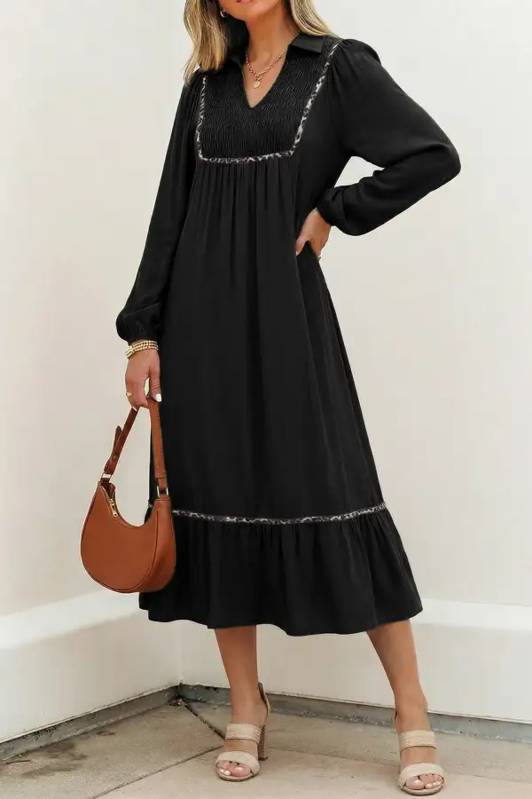 Collared V Neck Smocked Detail Contrast Leopard Trim Bracelet Sleeve Long Dress