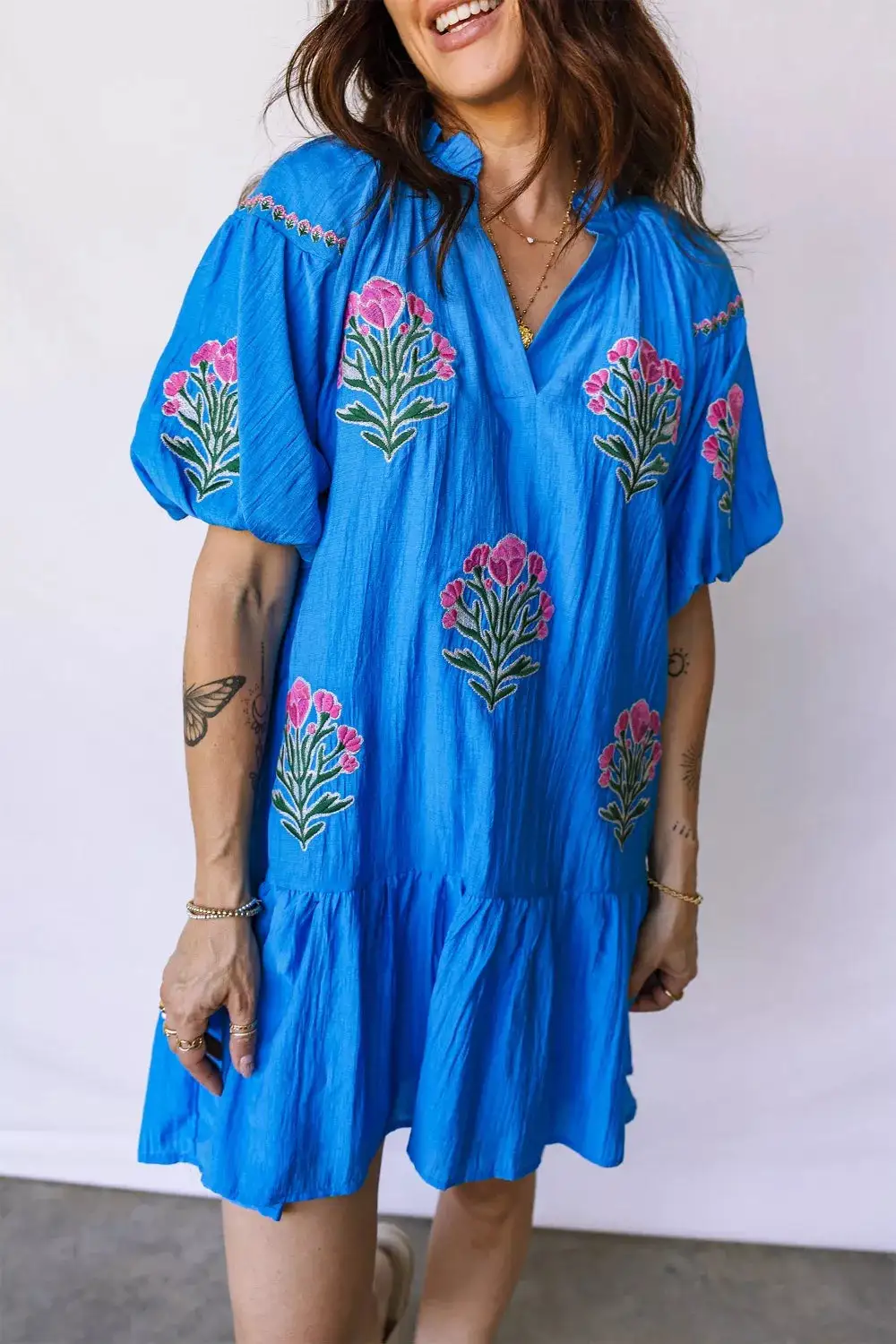 Floral Embroidered Split Neck Dress Casual