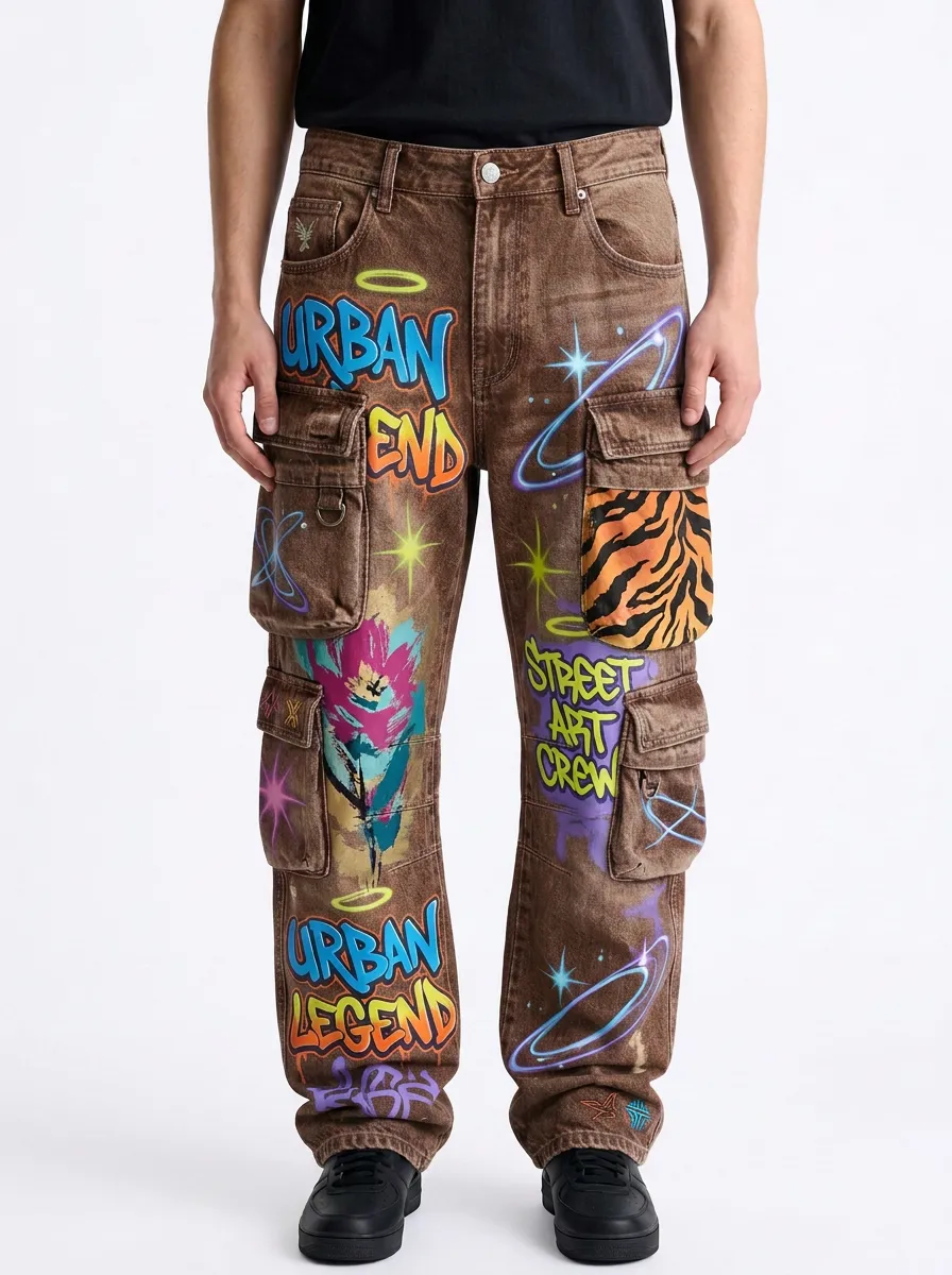 Men's Streetwear Urban Legend Graffiti Tiger Print Graphic Cargo Jeans