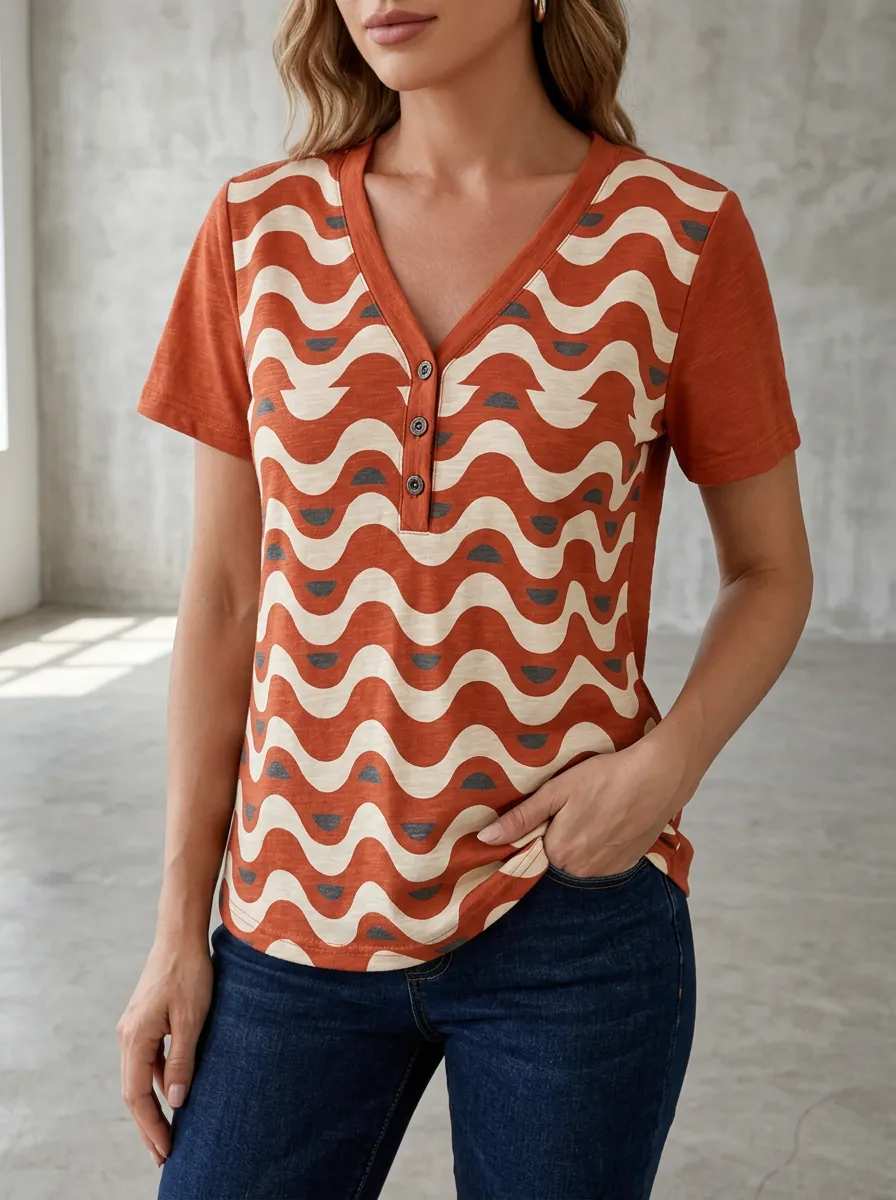 Women's Boho Geometric Wave Printed Henley Shirt