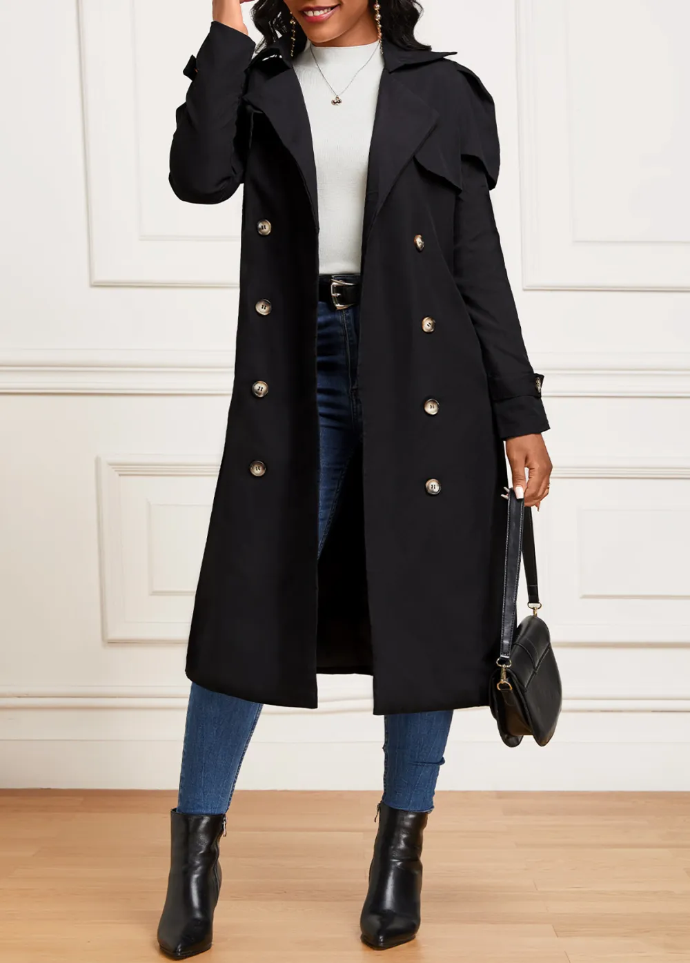 Black Pocket Long Sleeve Lapel Trench Coat