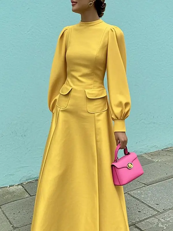 Mock Pleated Long Neck Maxi Dress