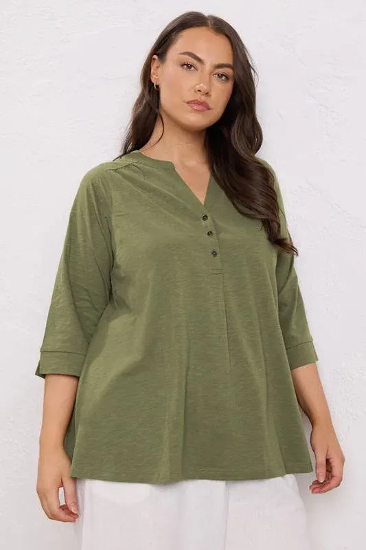 Khaki Green Pleat Front Henley Top