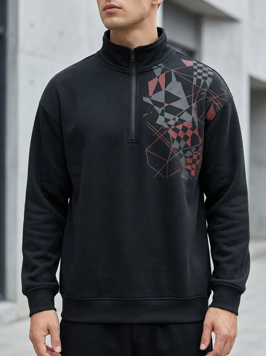 Outdoor-Inspired Half-Zip Checkered Geometric Men's Half-Zip Sweatshirt