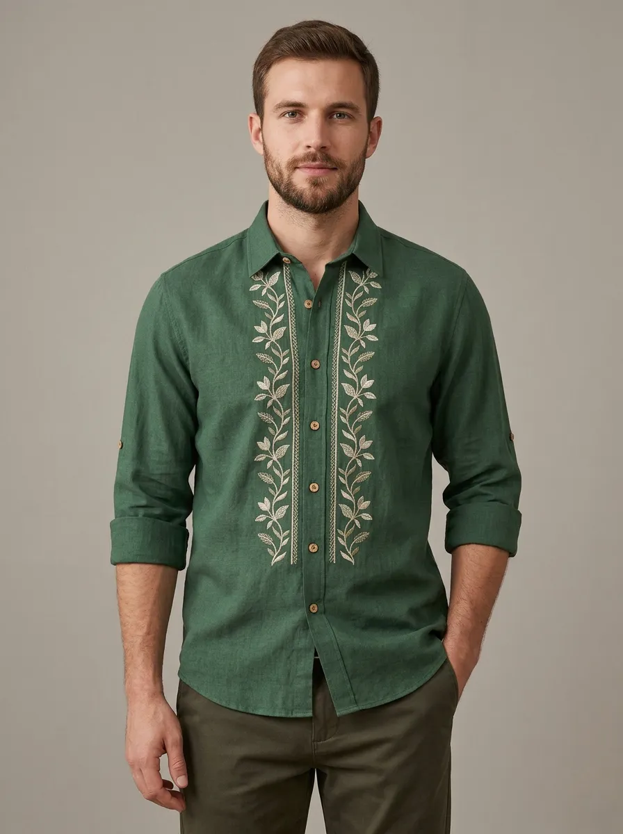 Men's Casual Botanical Embroidered Linen Long Sleeve Shirt