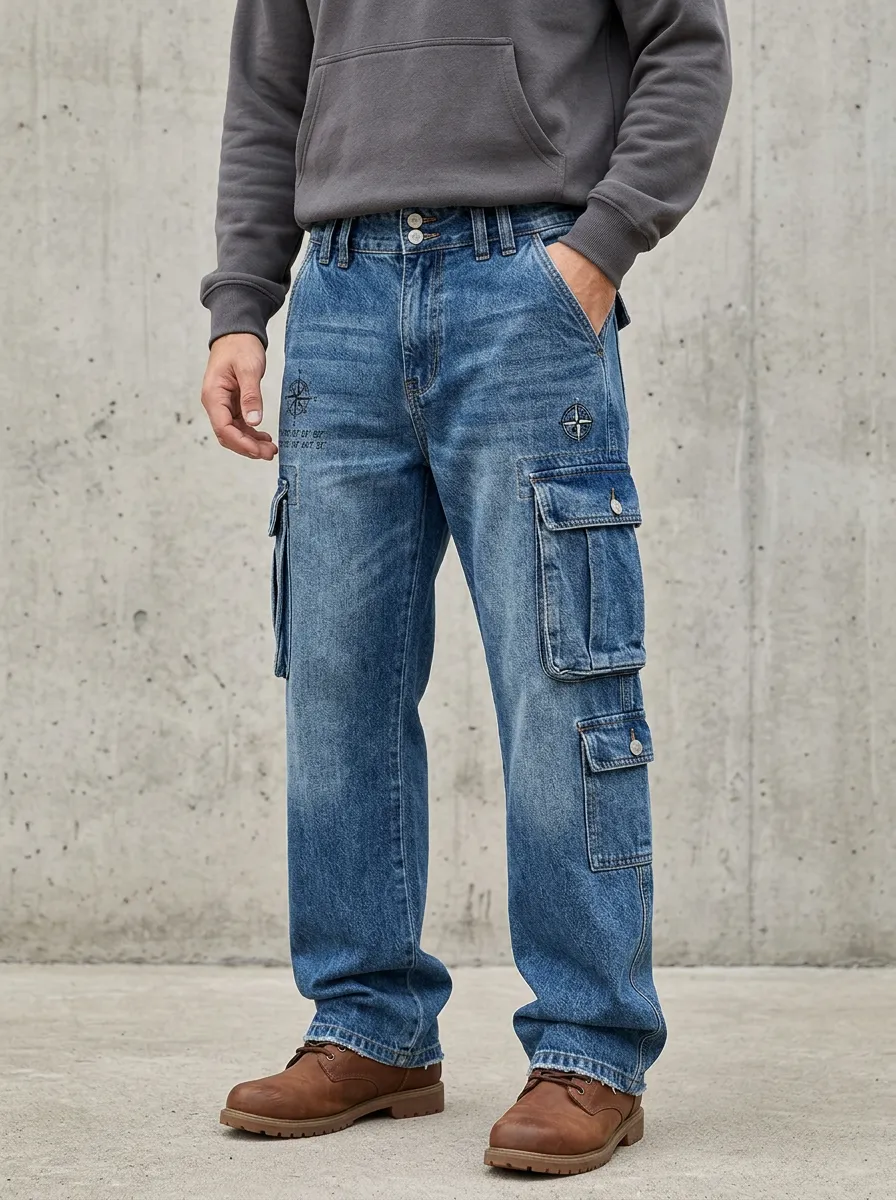 Men's Compass Graphic Washed Denim Printed Cargo Jeans