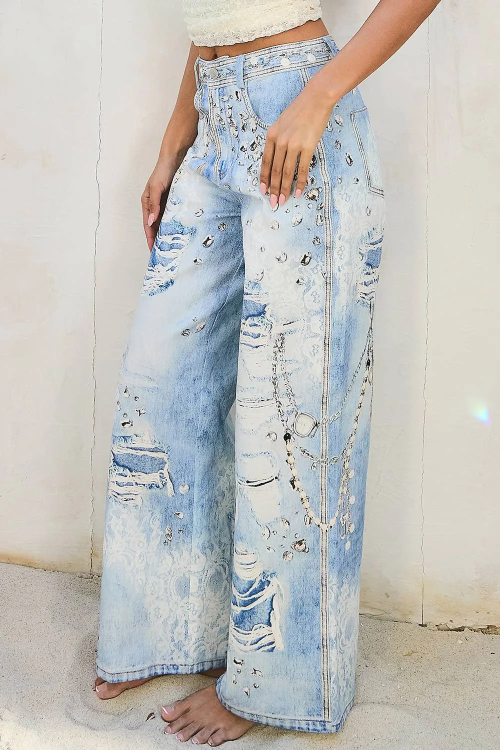 Printed Denim Effect Wide Leg Jeans