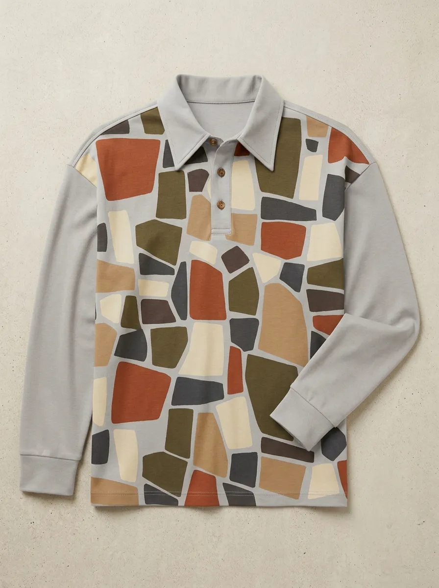Men's Abstract Geometric Mosaic Printed Long Sleeve Polo Shirt