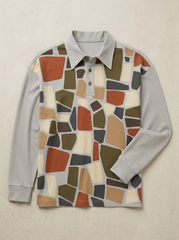 Men's Abstract Geometric Mosaic Printed Long Sleeve Polo Shirt