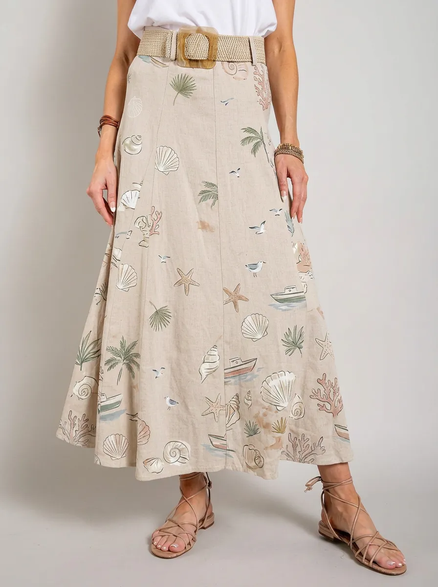 Women's Beach Vacation Seashell Starfish Boat Printed Maxi Skirt