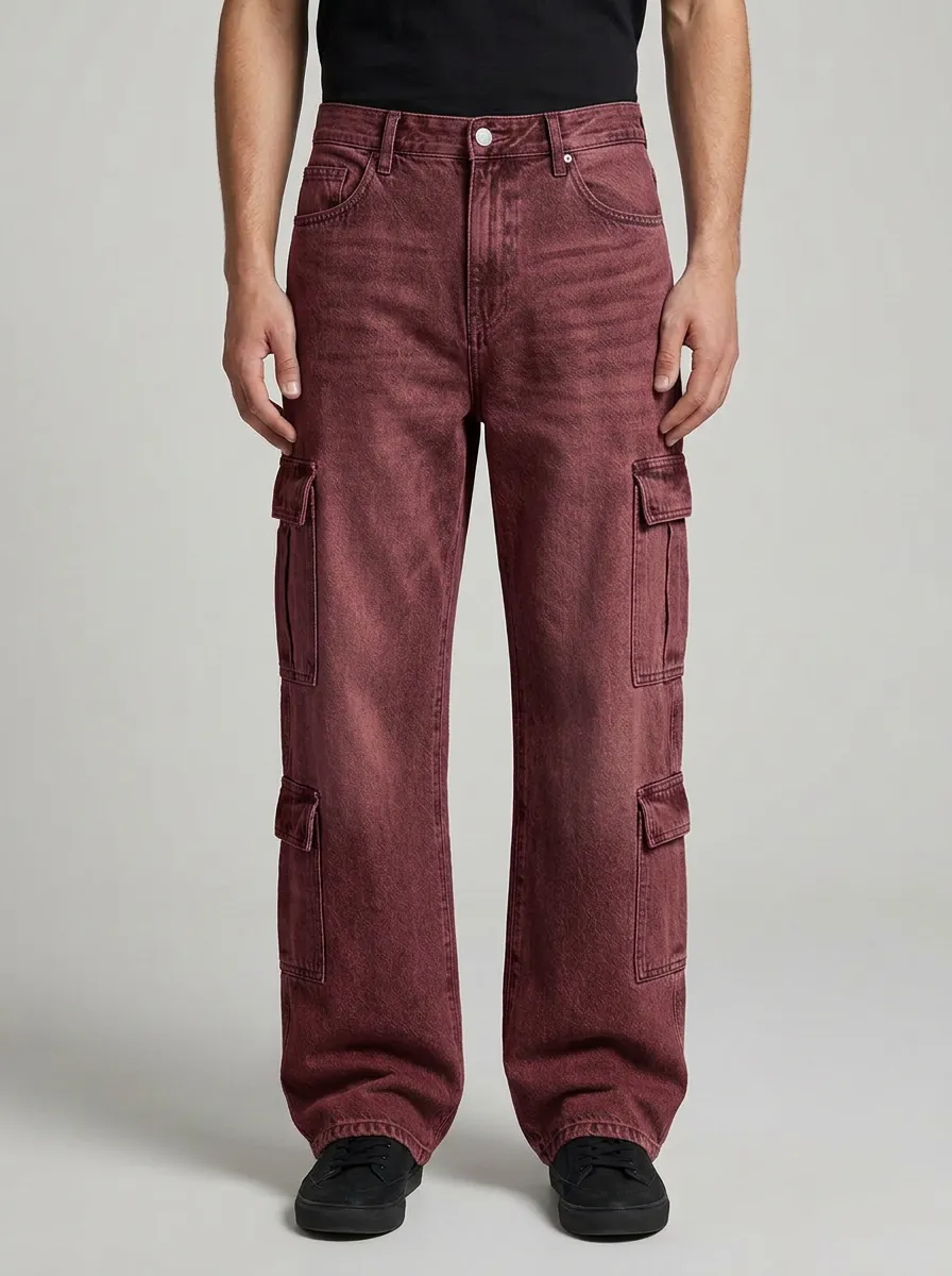 Men's Streetwear Light-Wash Denim Cargo Jeans