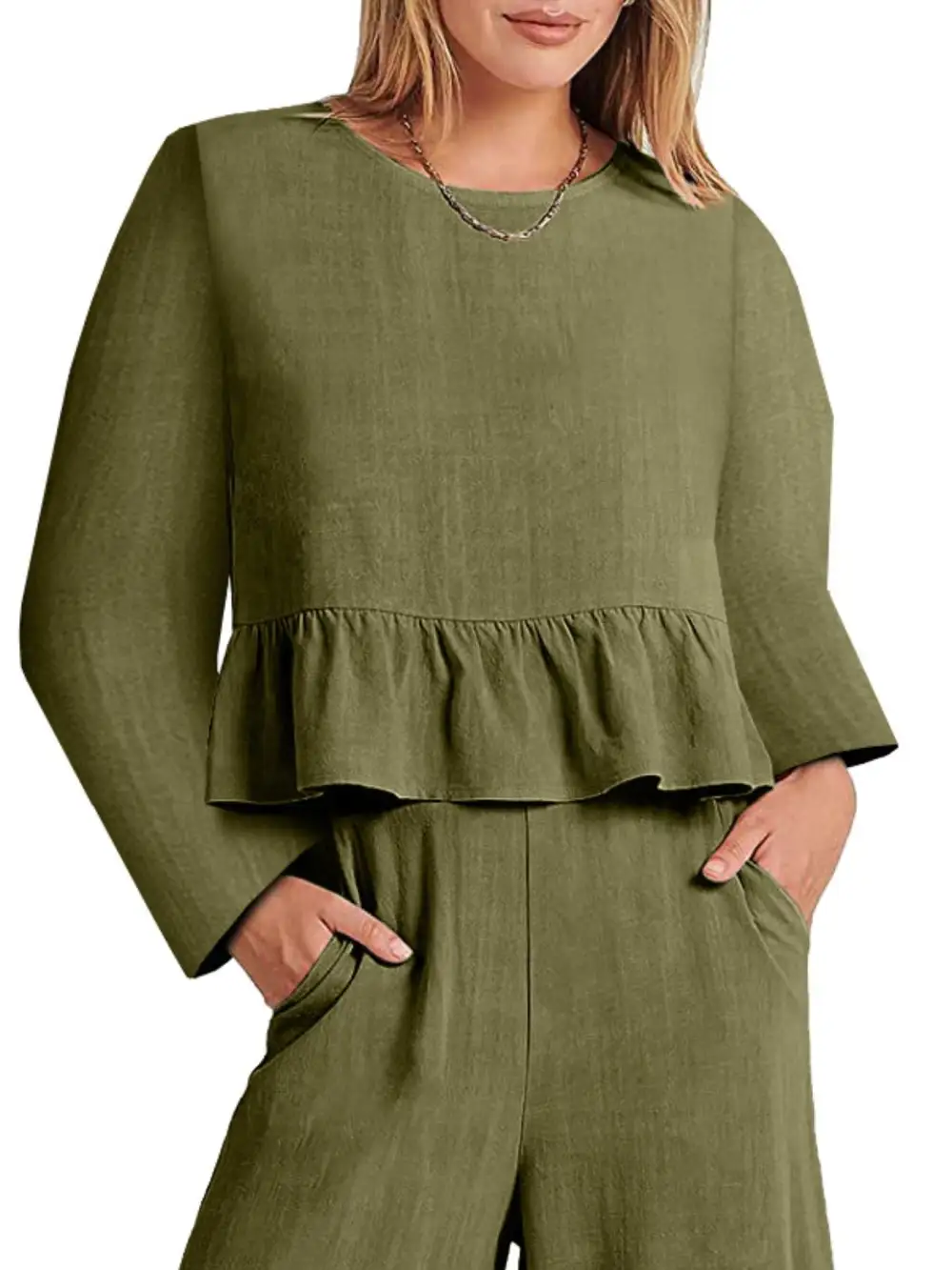Ruffled Hem Long Sleeve Top and Pants Set