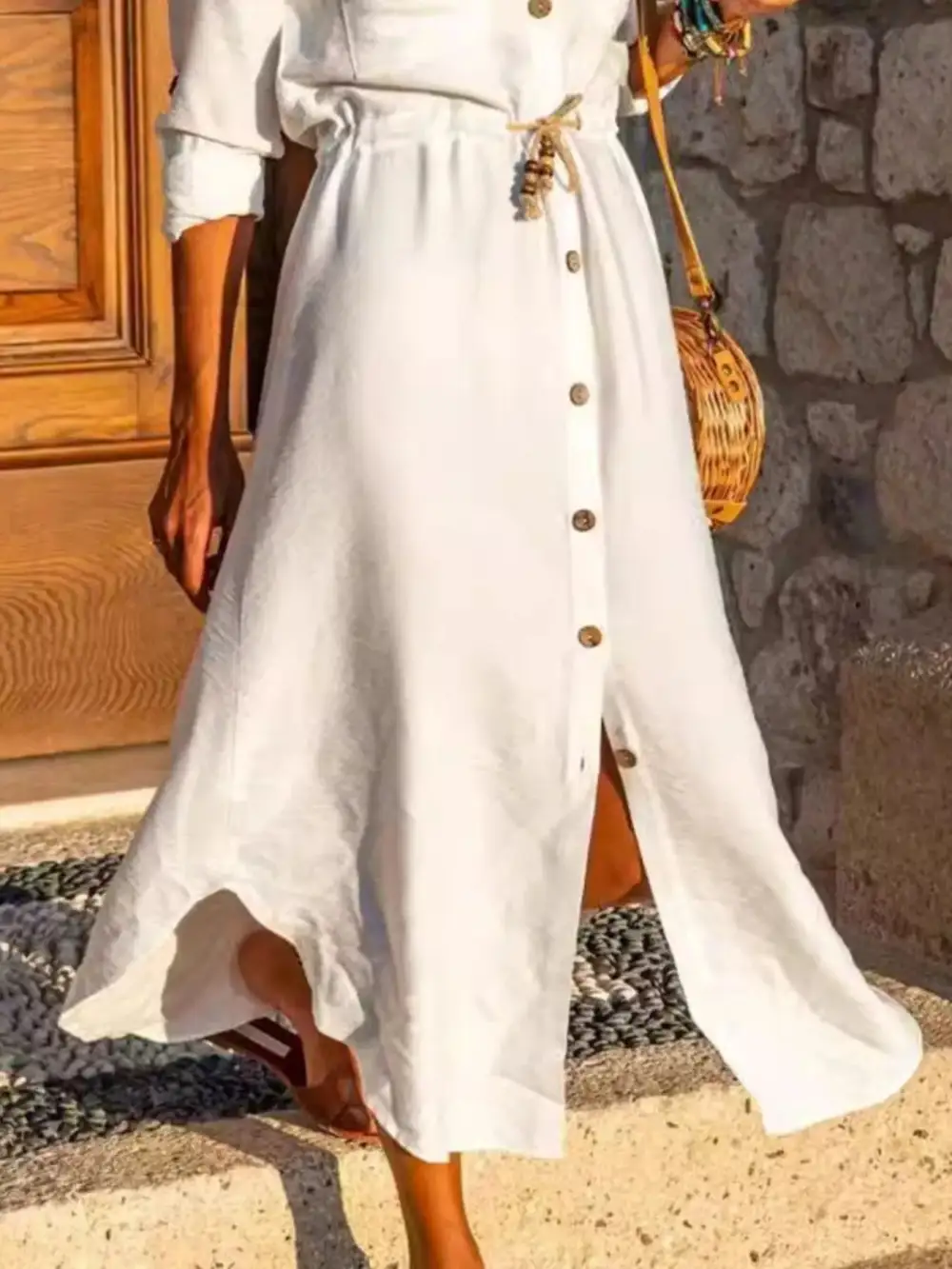 Layered Detail Button Front Tie Waist Shirt Dress