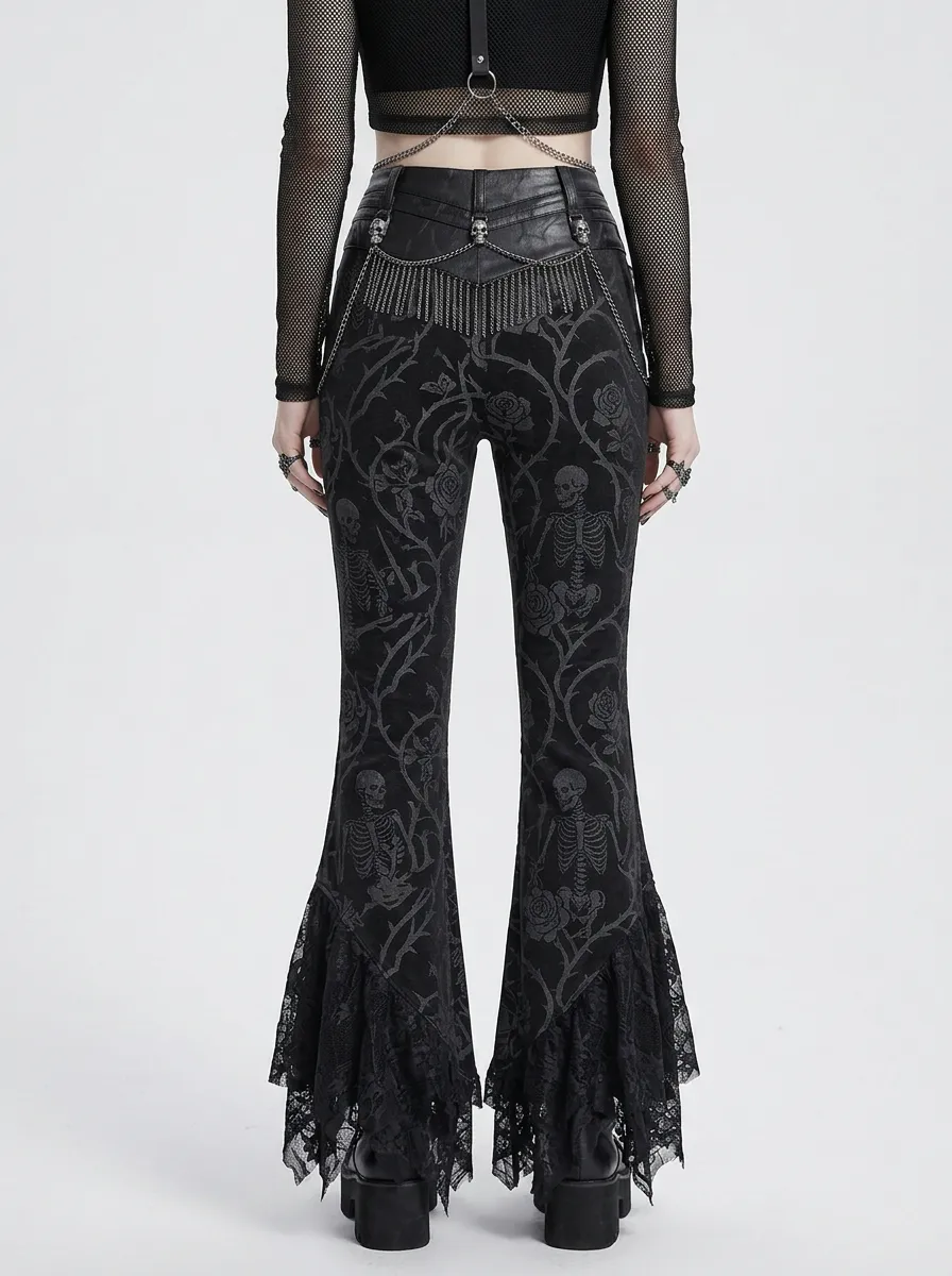 Alternative Skull Rose Floral Darkwear Style Women's Gothic Flare Pants