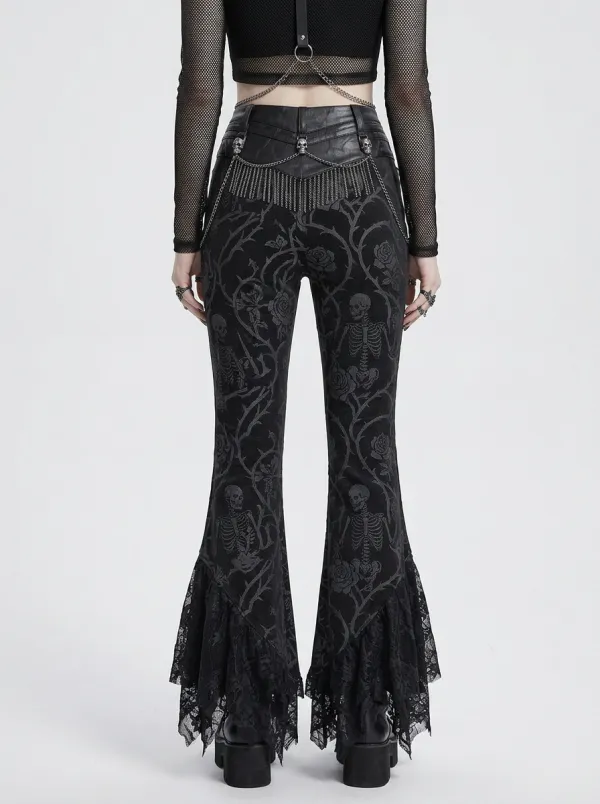 Alternative Skull Rose Floral Darkwear Style Women's Gothic Flare Pants