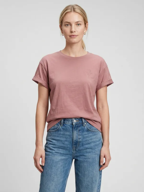 Women's Minimalist Floral Embroidered Pink T-shirt and Denim Jeans Set