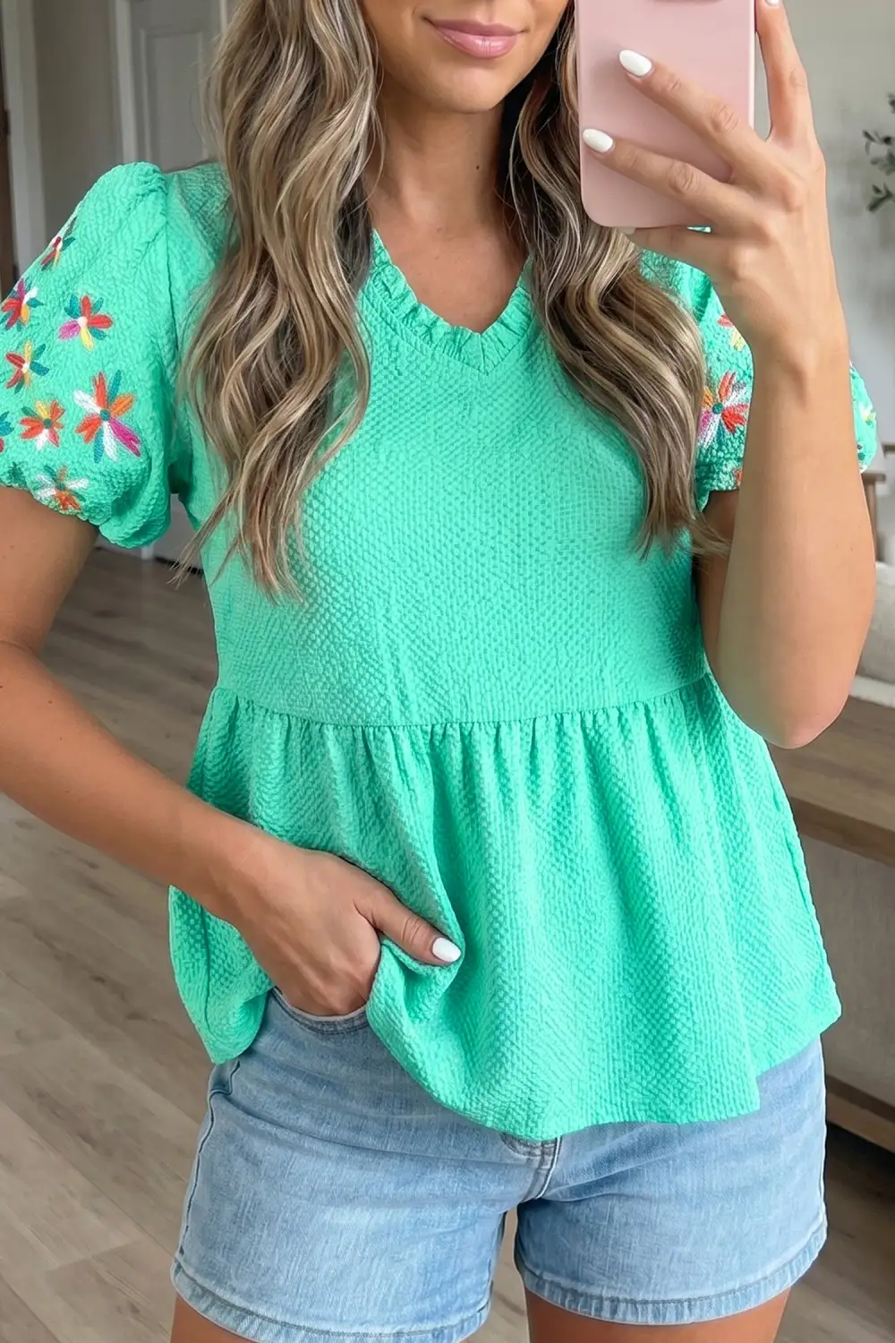 Women's Flower Motif Embroidered Textured Top