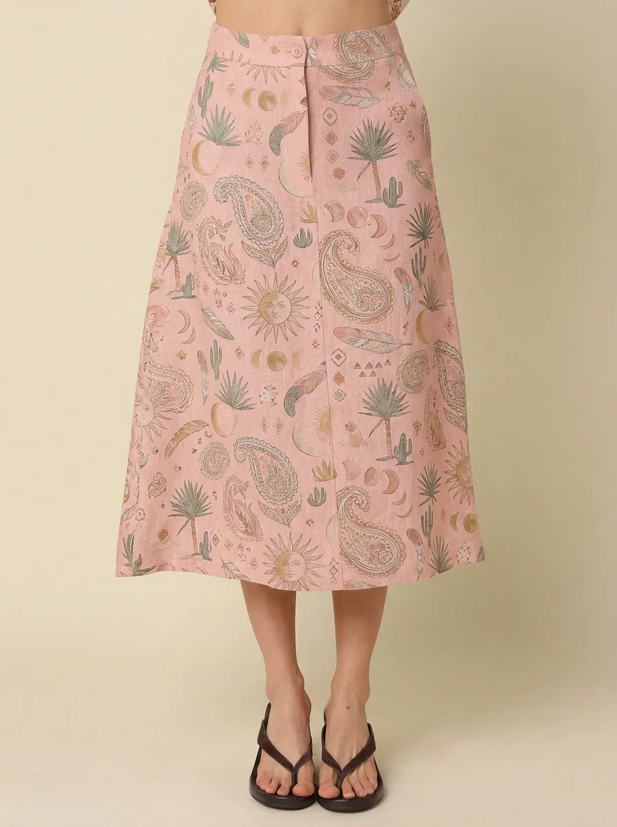 Women's Boho Celestial Paisley Cactus Printed Midi Skirt