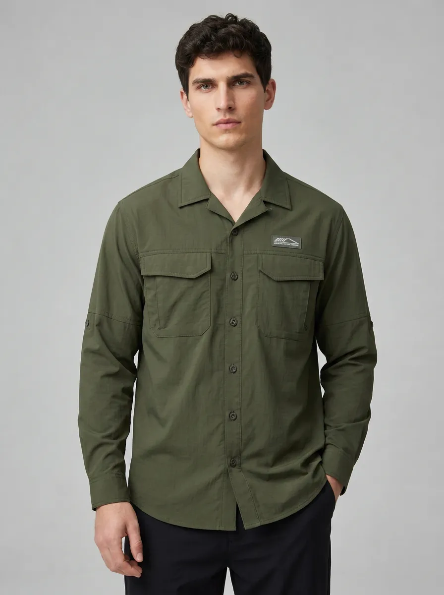 Men's Outdoor Hiking Olive Green Patch Printed Shirt