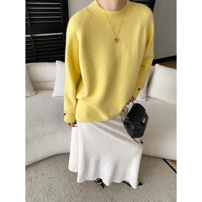 Textured Fold Cuff Half Neck Pullover Sweater