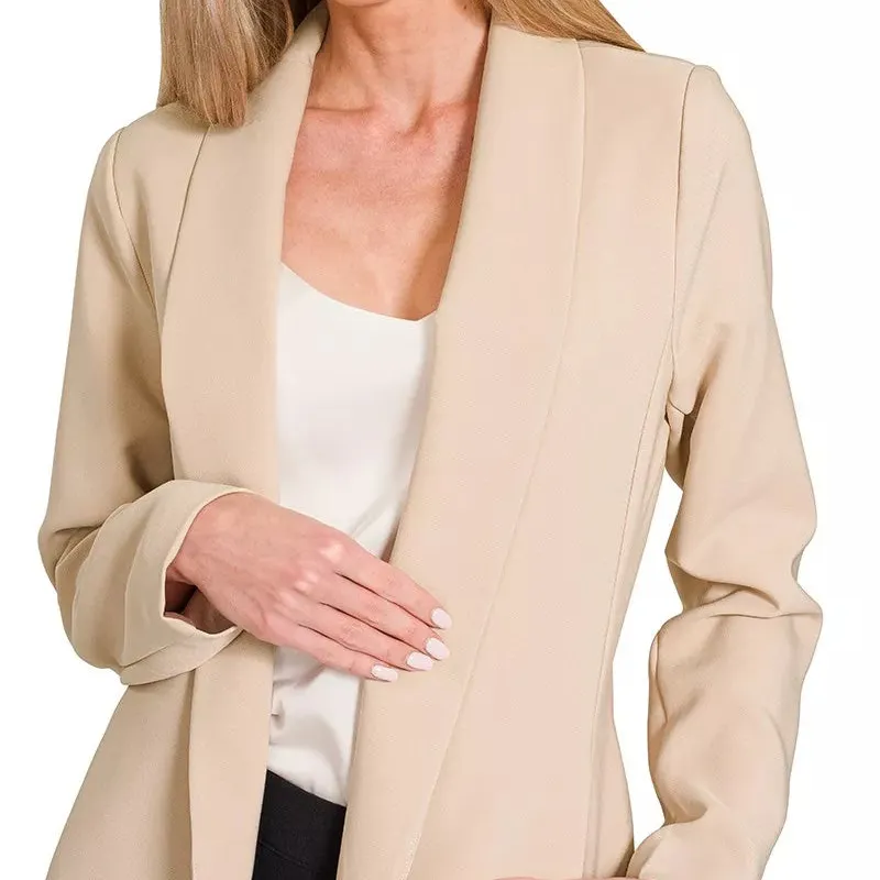Refined Long Sleeve Open Front Tailored Blazer