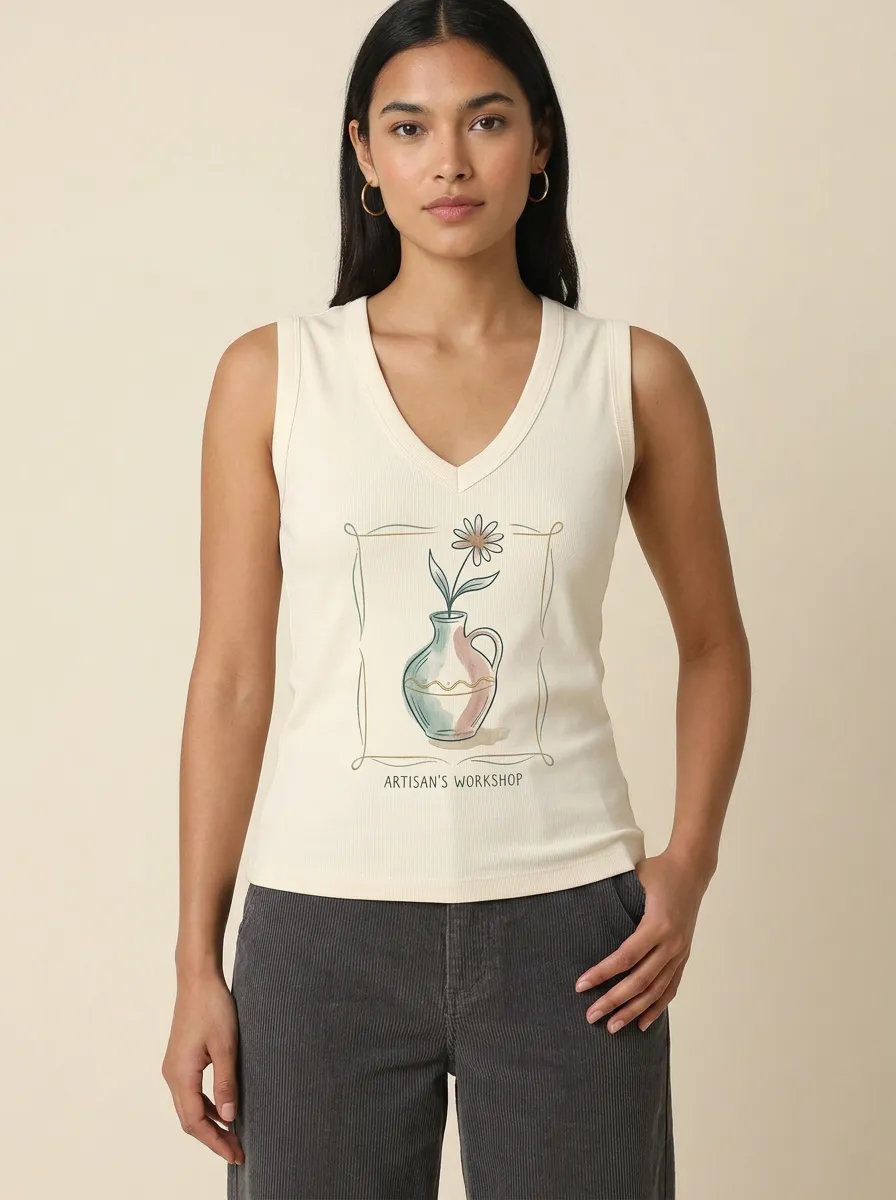 Women's Floral Vase Artisan's Workshop Graphic V-neck Tank Top