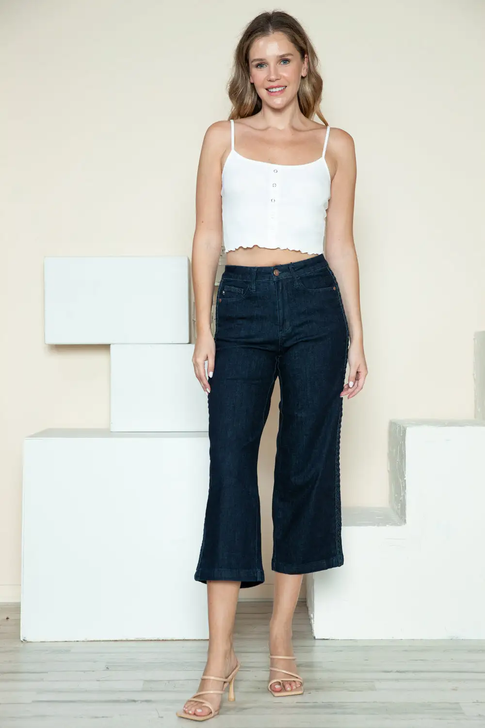 Side Seam Braid Detail Crop Wide Denim Jeans