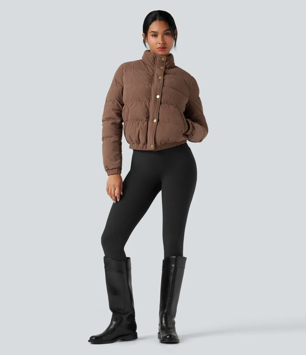 Stand Collar Corduroy Casual Puffer Jacket with Pockets