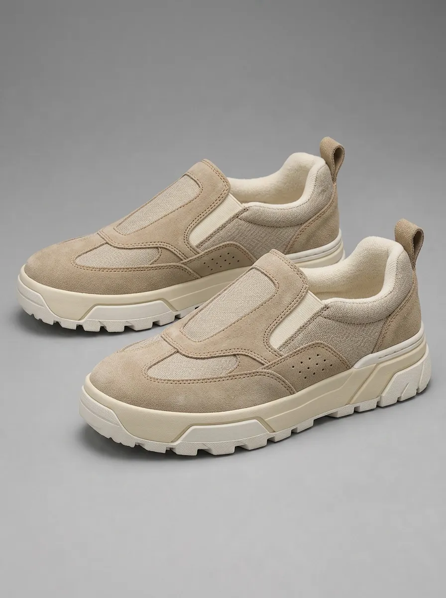 Men's Casual Beige Suede Slip-on Platform Sneakers