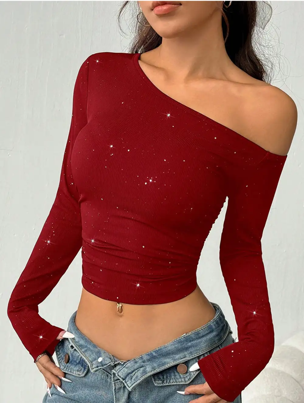 Rhinestone One Shoulder Knit Top