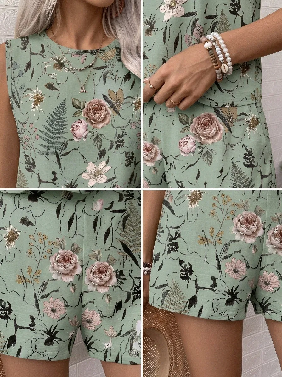 Women's Botanical Garden Floral Fern Printed Sleeveless Set