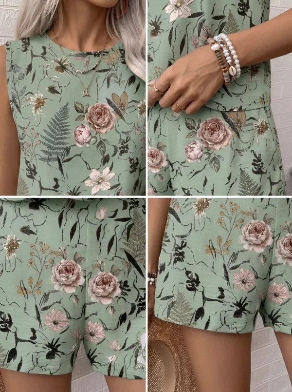 Women's Botanical Garden Floral Fern Printed Sleeveless Set
