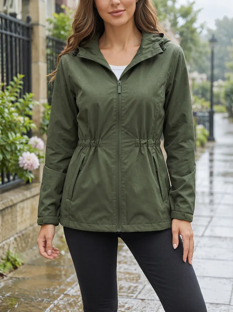 Women's Olive Green Waterproof Hooded Jacket