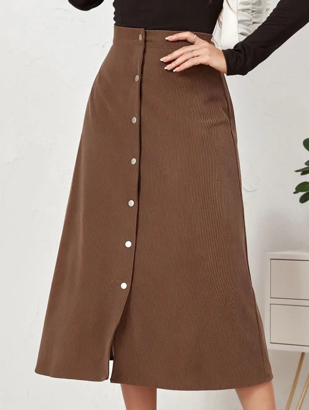 Corduroy Button Front Midi Skirt