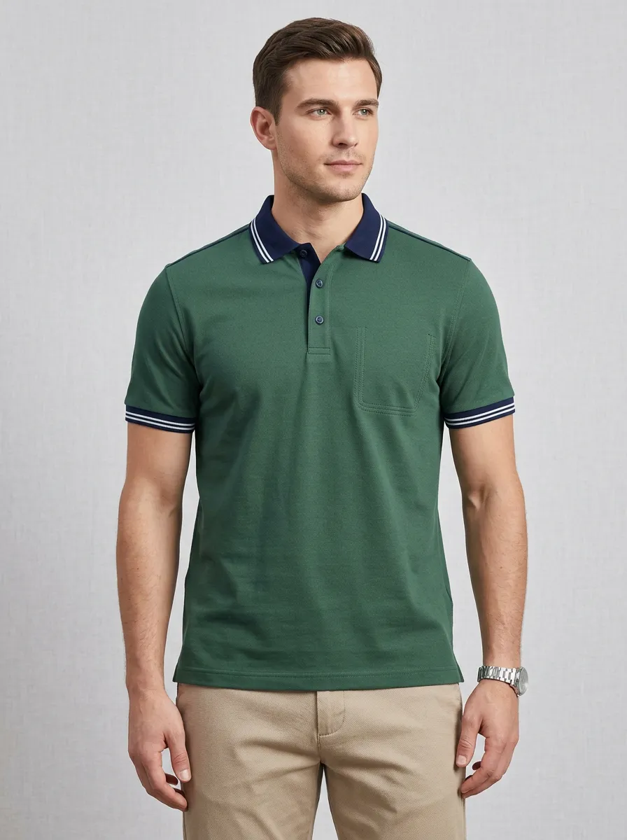 Men's Casual Green Contrast Collar Striped Trim Pocket Polo Shirt