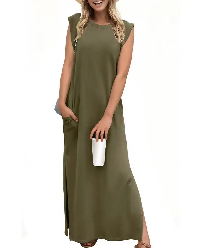 Casual Sleeveless Split Maxi Dress With Pockets