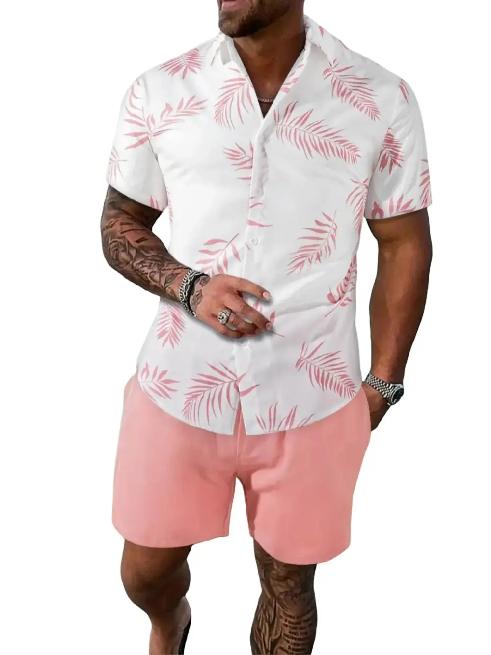 Men's Leaf Print Hawaiian Shirt & Drawstring Waist Short Set